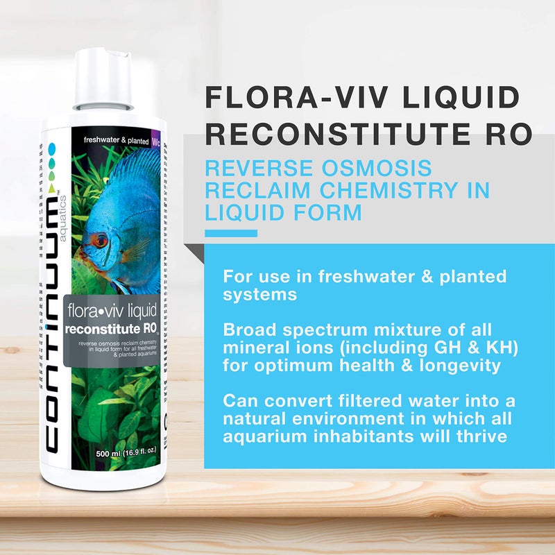 Continuum Aquatics Flora Viv Reconstitute RO - Mineral Element Water Conditioner for Distilled, Reverse Osmosis, or Deionized Water for use in Freshwater and Planted Aquariums, 500-ml (QRRL500) - Image 1